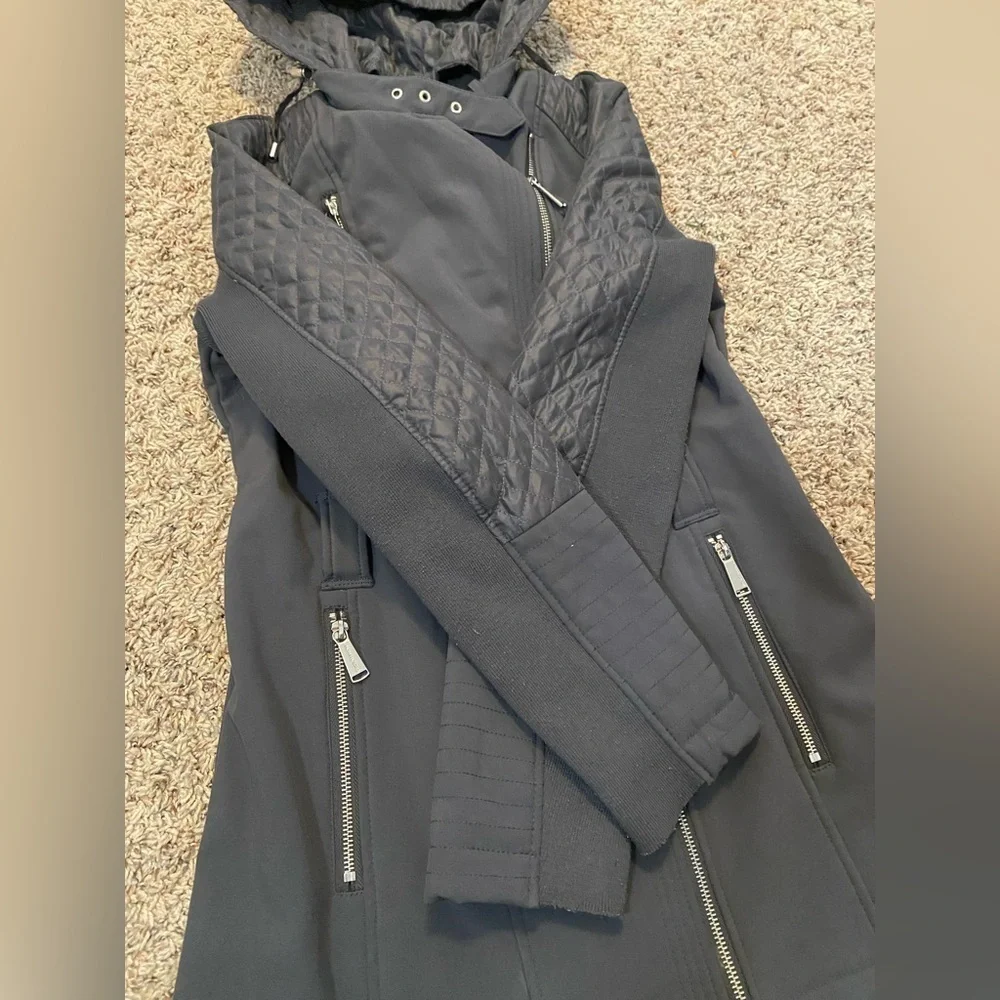 Grey Michael Kors Women's Quilted Sleeve Winter Trench Coat Asymmetrical Zip, XS
